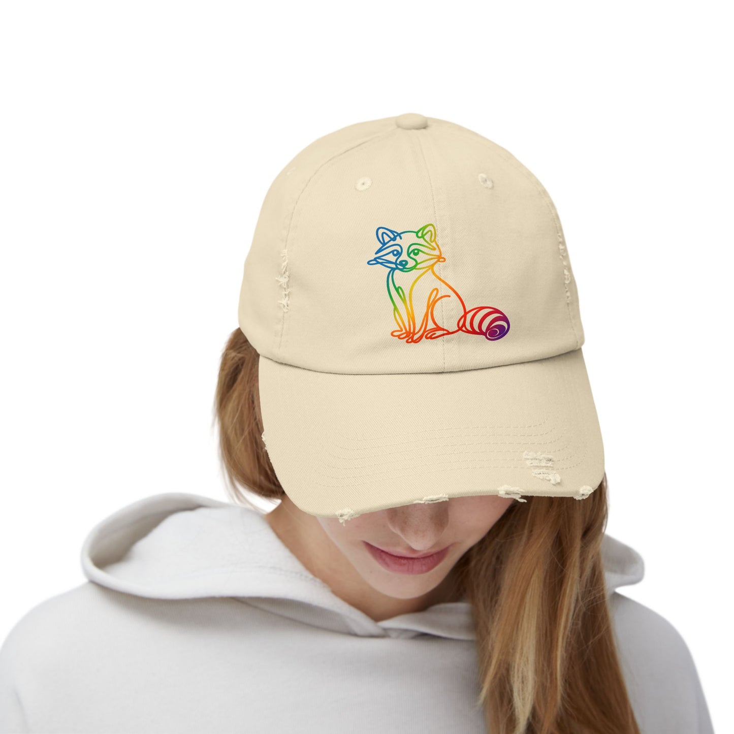 Sitting Rainbow Raccoon | Distressed Cap —  Funny Truth Hat