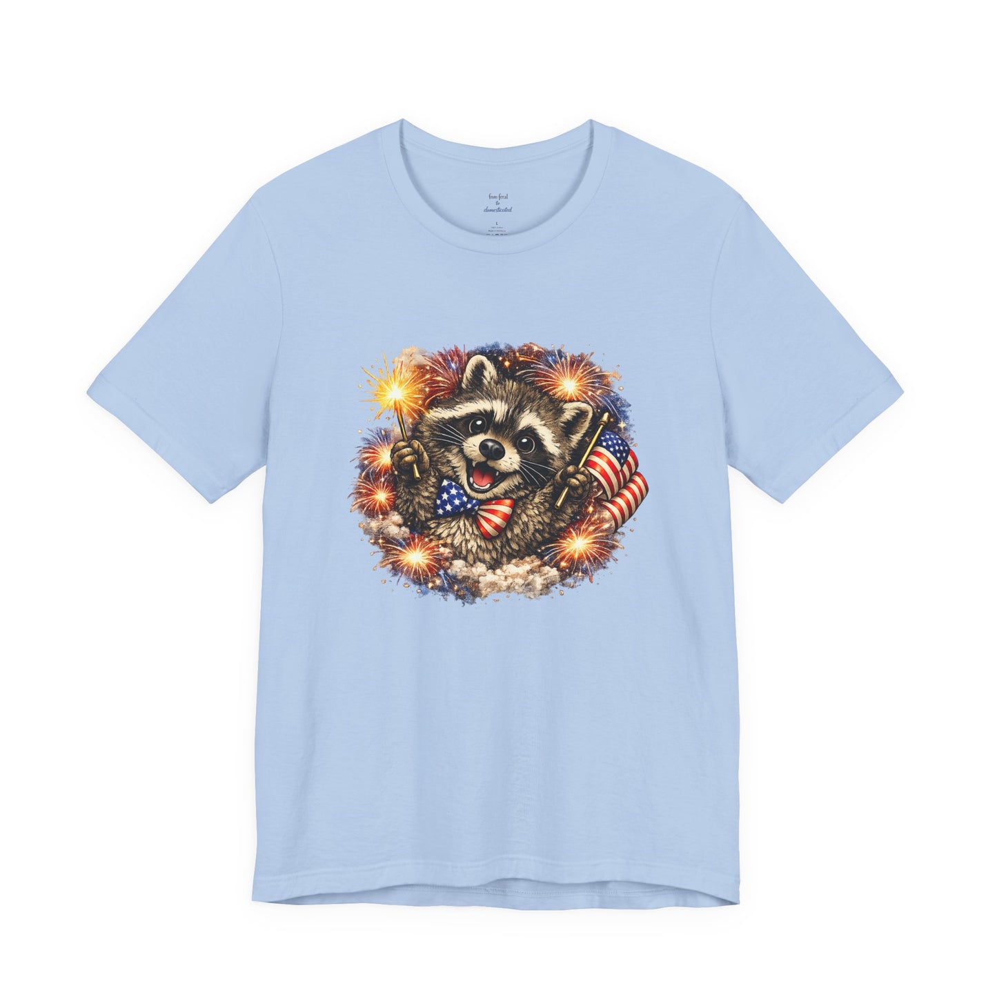 Patriot Raccoon 250th Anniversary T-Shirt — 4th of July Fireworks Flag Tee