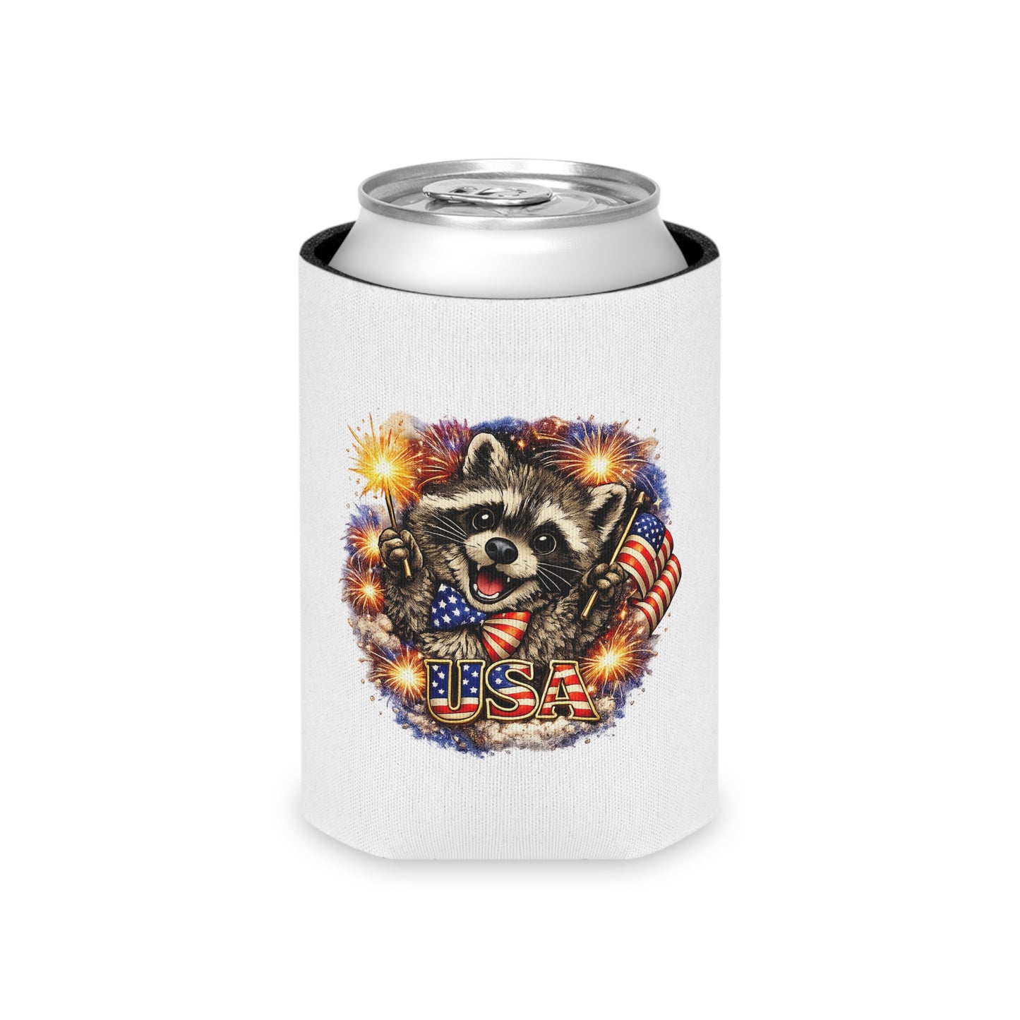 Patriotic Raccoon 250 Can Cooler – USA Flag, 4th of July Drink Koozie