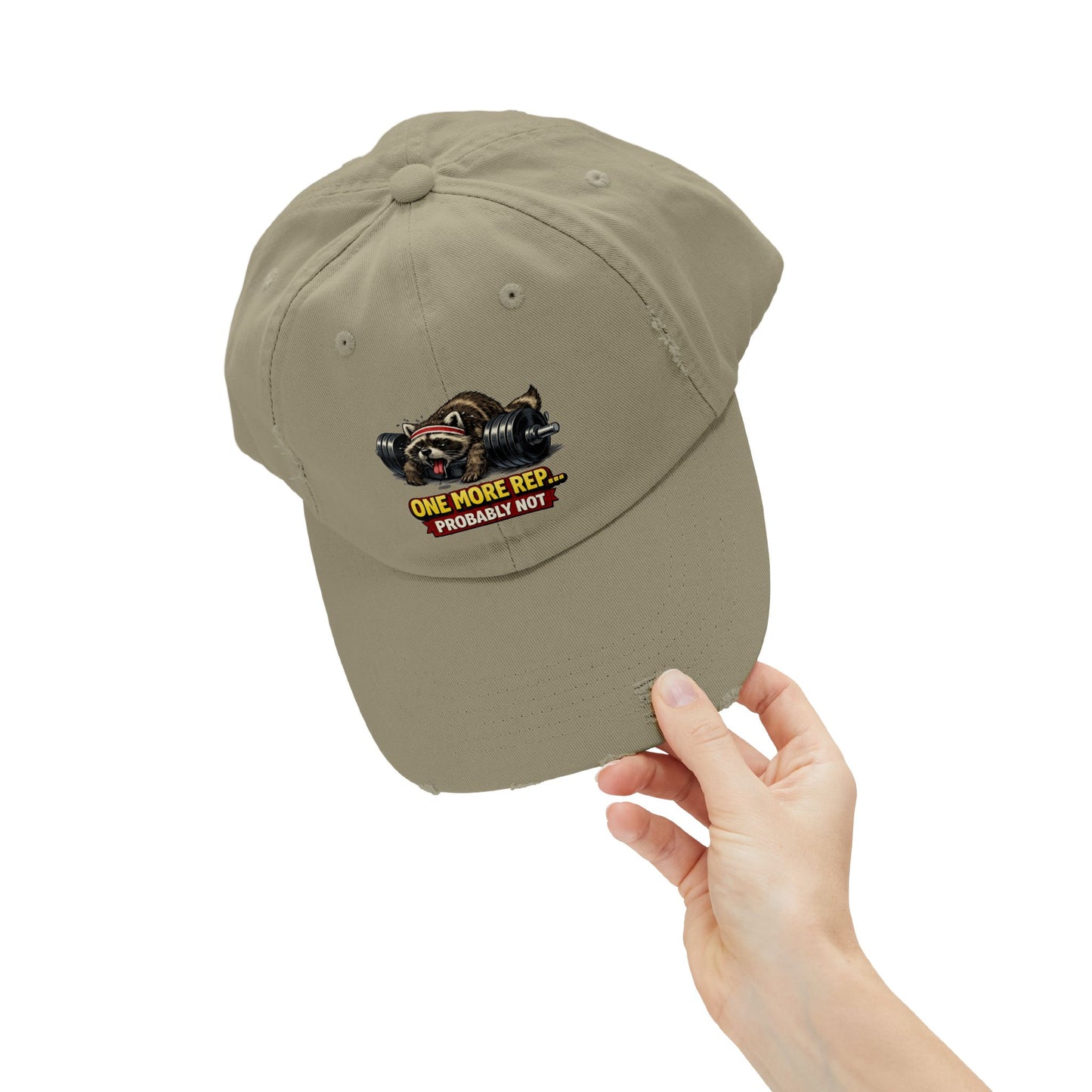 One More Rep Distressed Cap — Raccoon Mom/Dad Funny Dad Hat