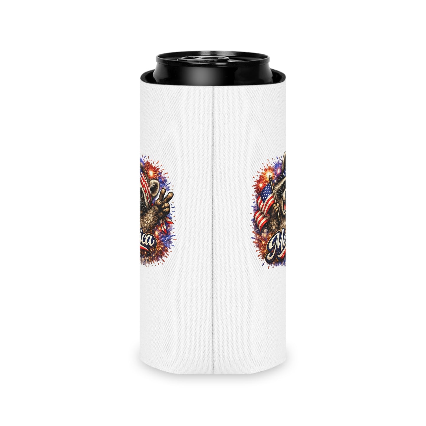 Patriotic Raccoon 250 Can Cooler – USA Flag, 4th of July Drink Koozie