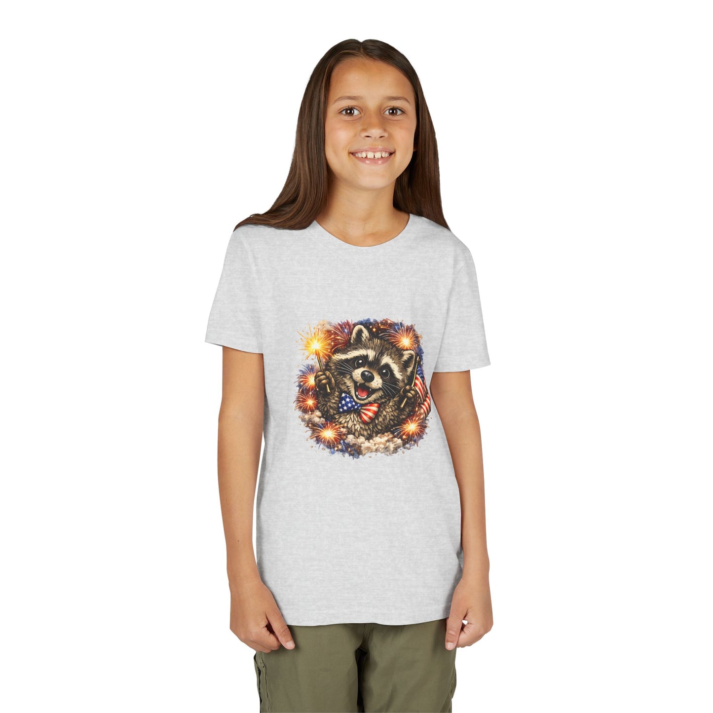 Patriotic Raccoon Youth Tee — Raccoon with American Flag & Fireworks
