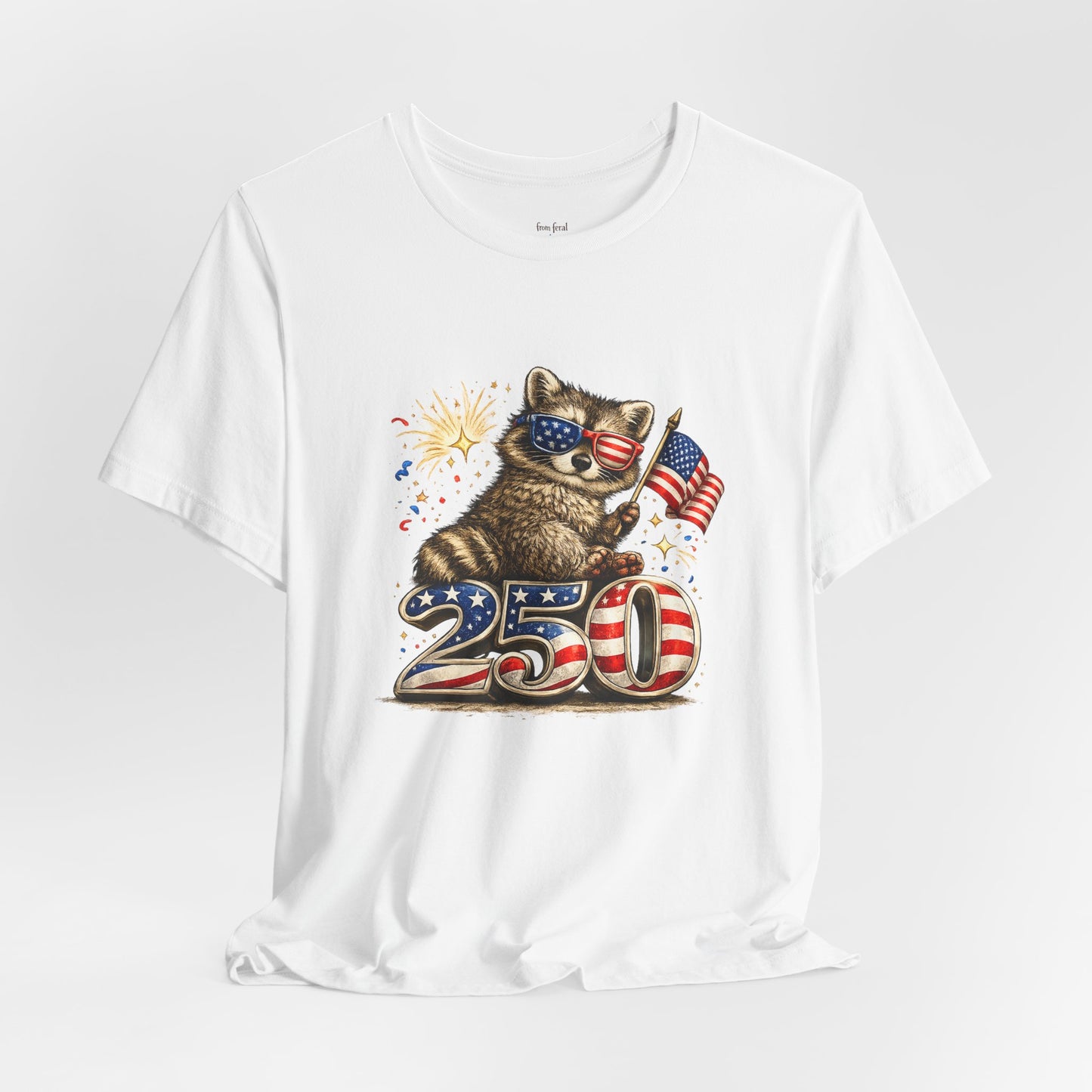 Patriot Raccoon 250th Anniversary T-Shirt — 4th of July Fireworks Flag Tee