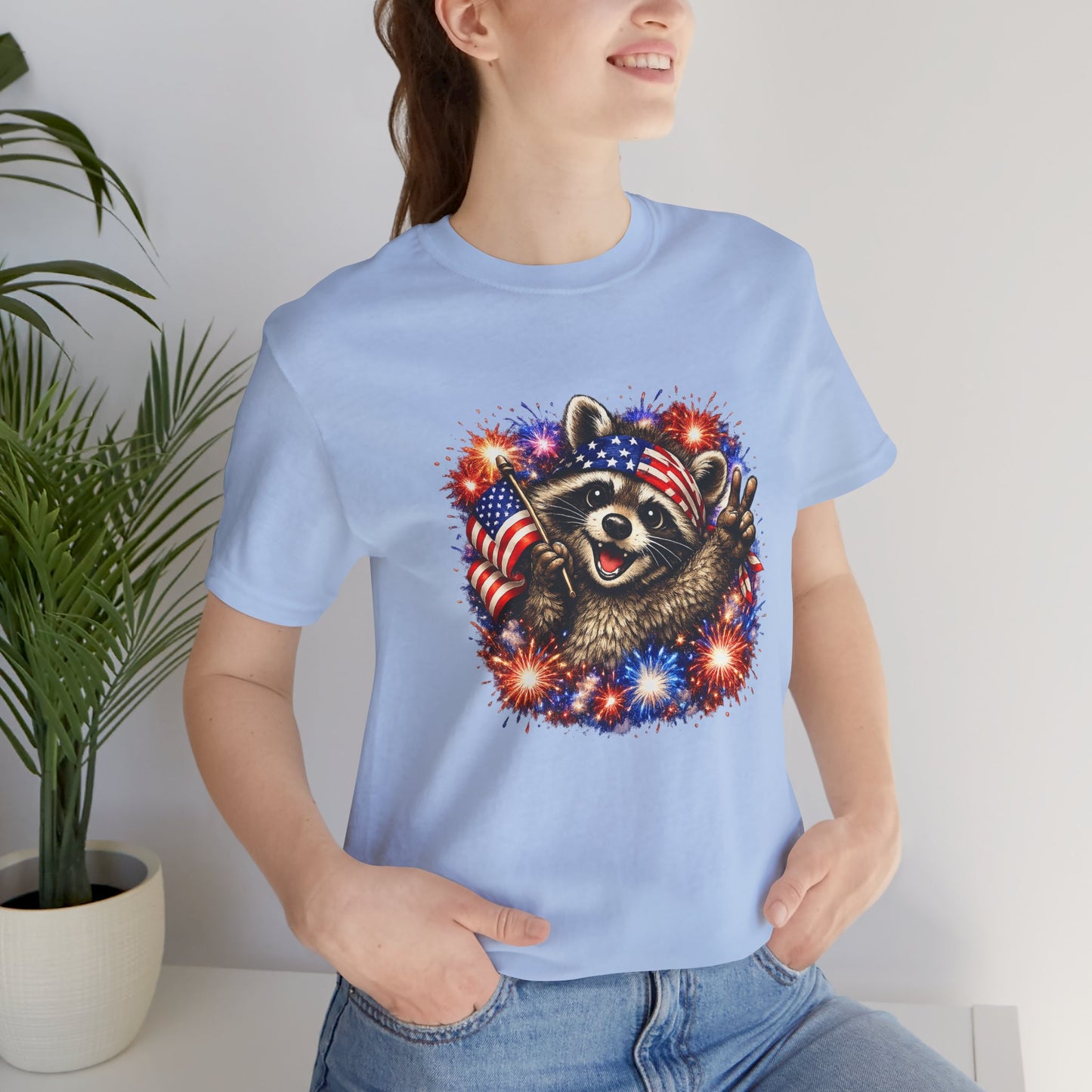 Patriot Raccoon 250th Anniversary T-Shirt — 4th of July Fireworks Flag Tee