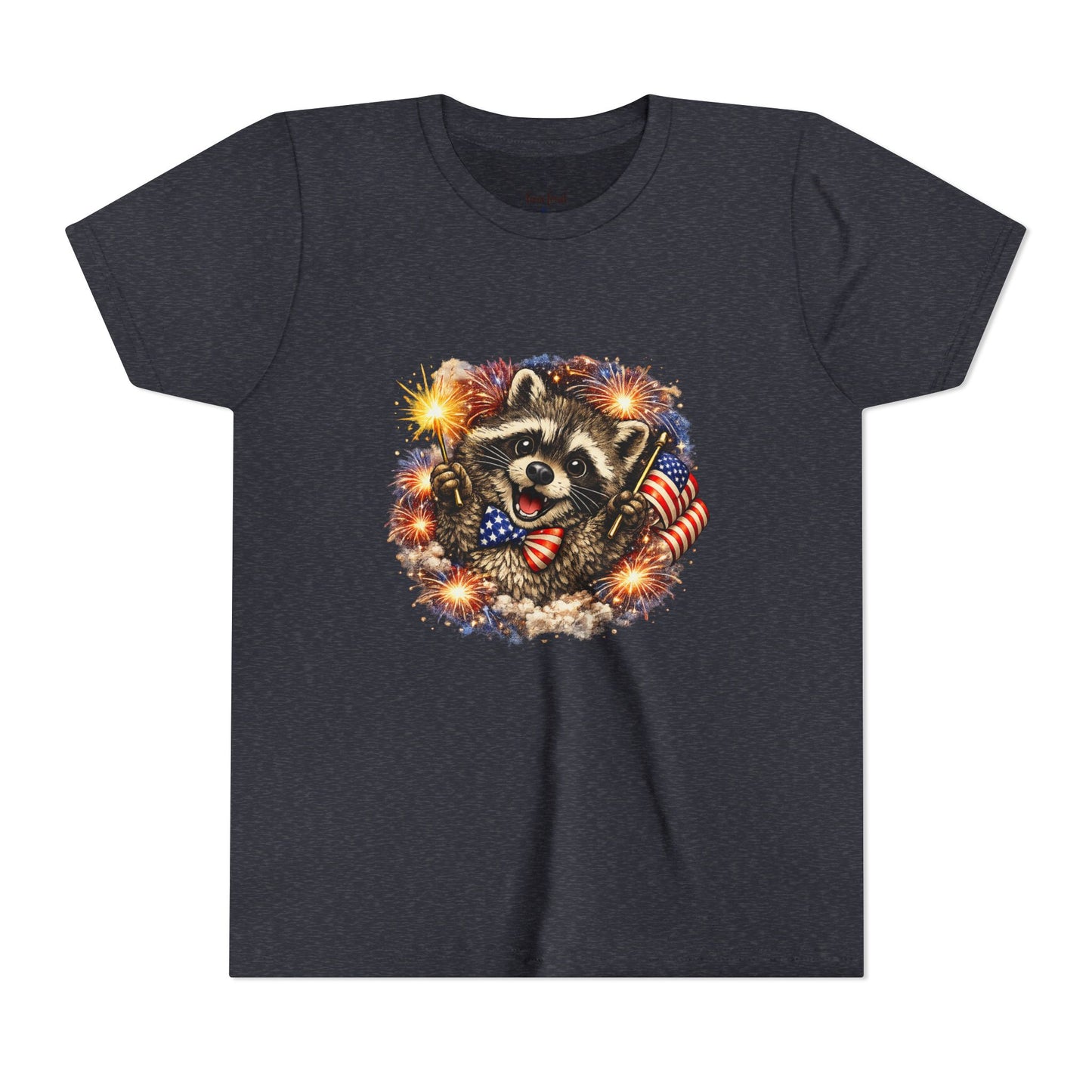 Patriotic Raccoon Youth Tee — Raccoon with American Flag & Fireworks
