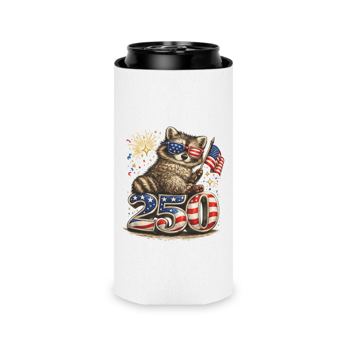 Patriotic Raccoon 250 Can Cooler – USA Flag, 4th of July Drink Koozie