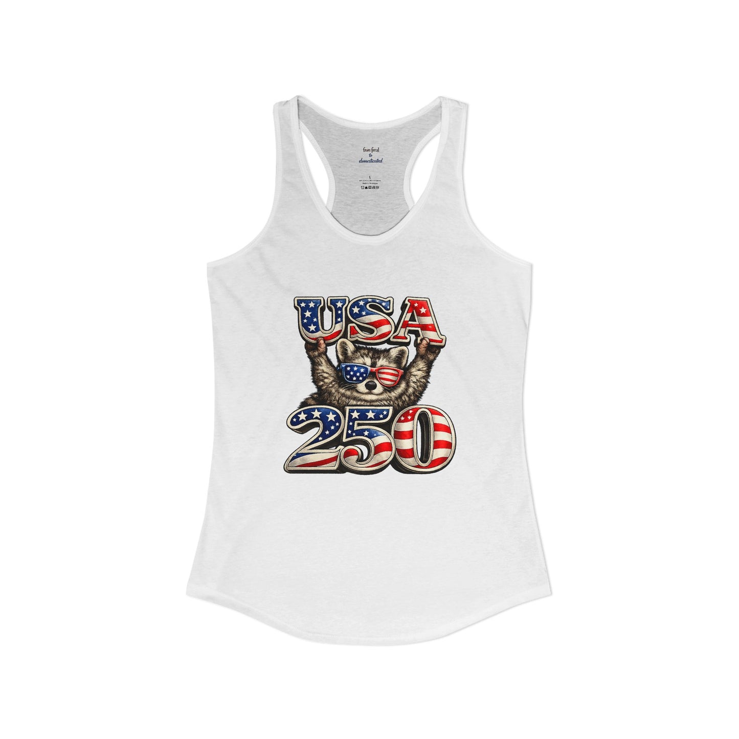 Patriotic Raccoon 4th of July Tank — Raccoon on 250 with Flag & Fireworks Racerback Tank