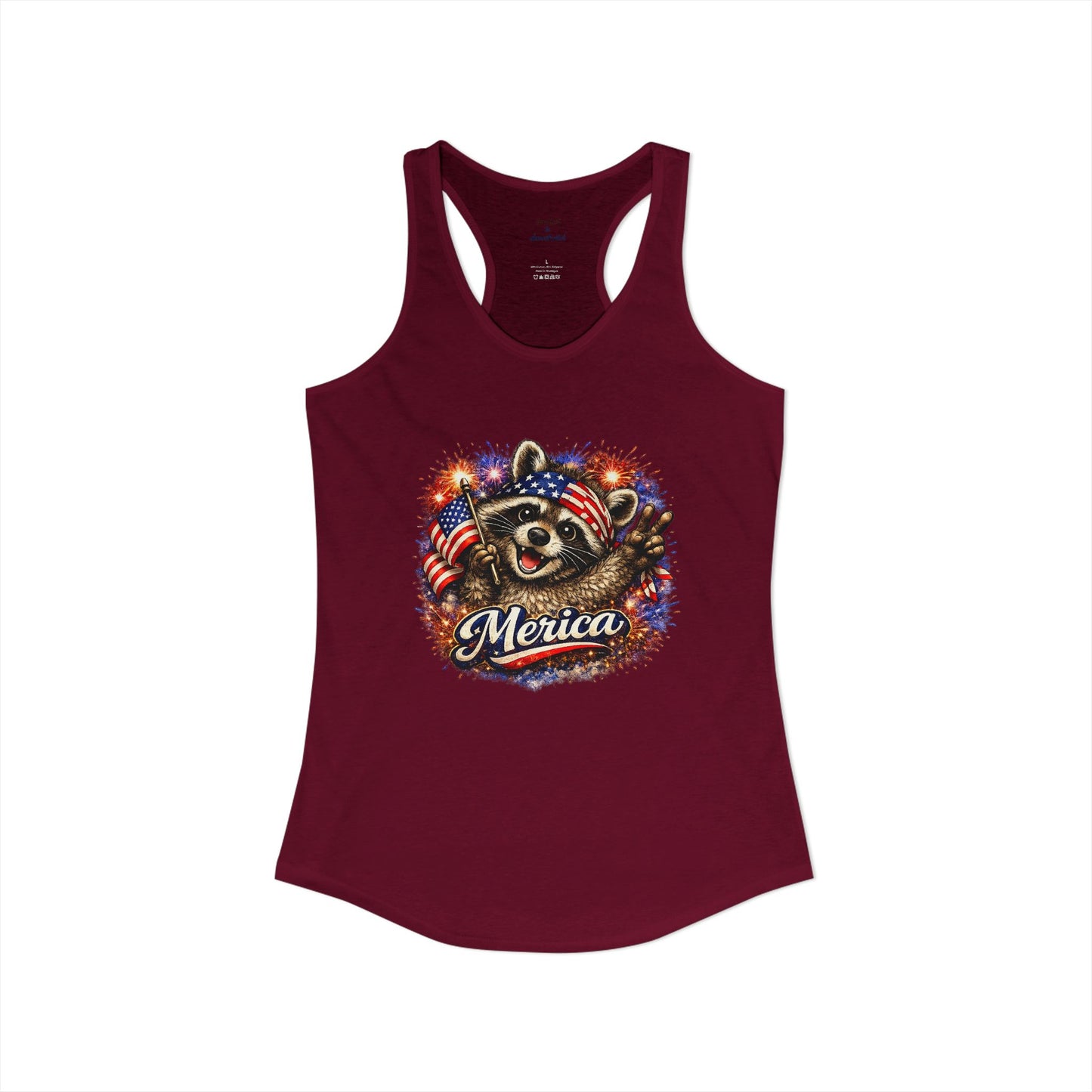 Patriotic Raccoon 4th of July Tank — Raccoon on 250 with Flag & Fireworks Racerback Tank