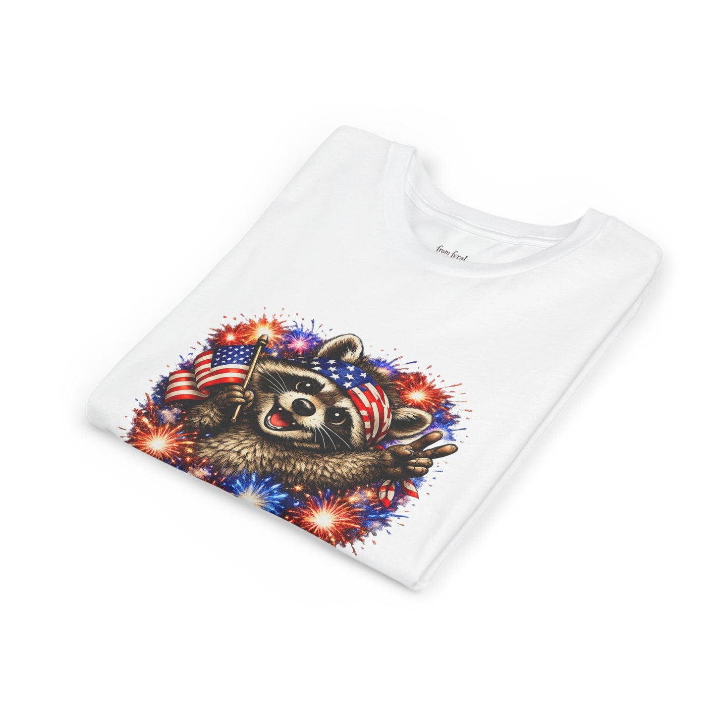 Patriotic Raccoon Youth Tee — Raccoon with American Flag & Fireworks