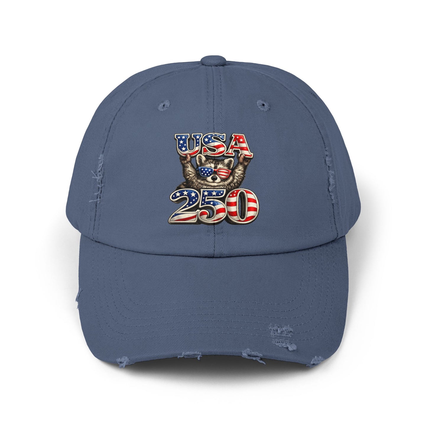 Patriotic Raccoon 250 Cap — Fireworks & Flag Distressed Baseball Hat