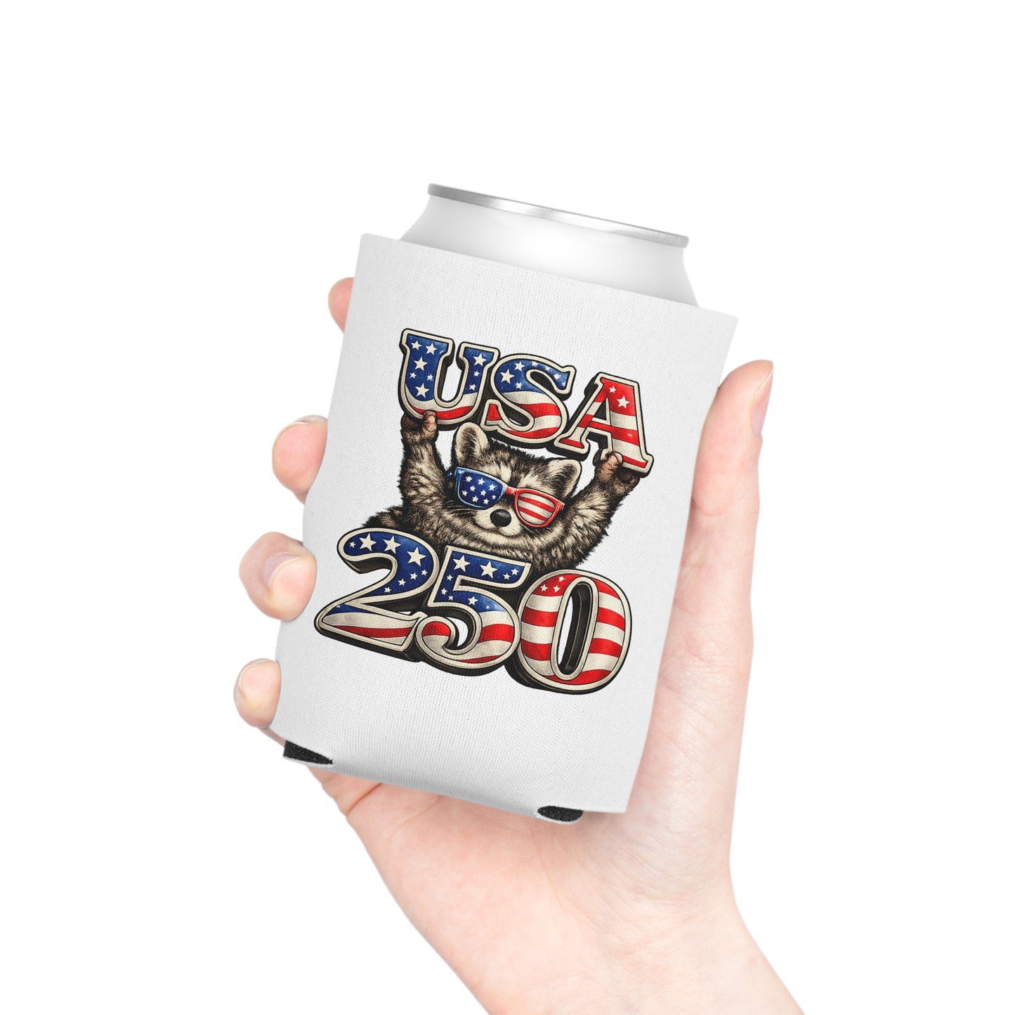 Patriotic Raccoon 250 Can Cooler – USA Flag, 4th of July Drink Koozie