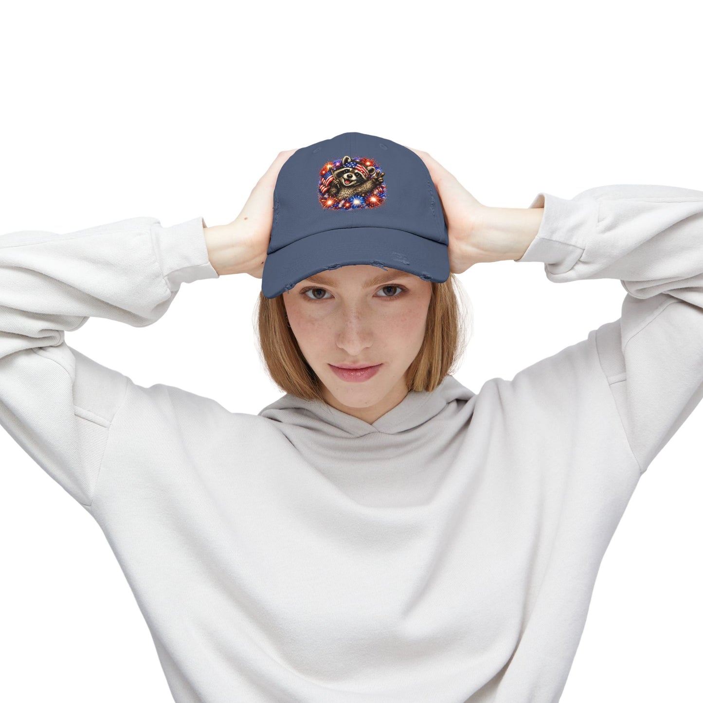 Patriotic Raccoon 250 Cap — Fireworks & Flag Distressed Baseball Hat