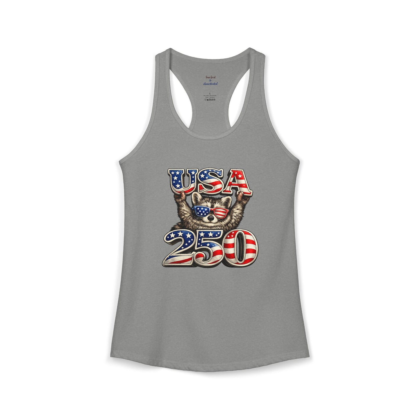 Patriotic Raccoon 4th of July Tank — Raccoon on 250 with Flag & Fireworks Racerback Tank