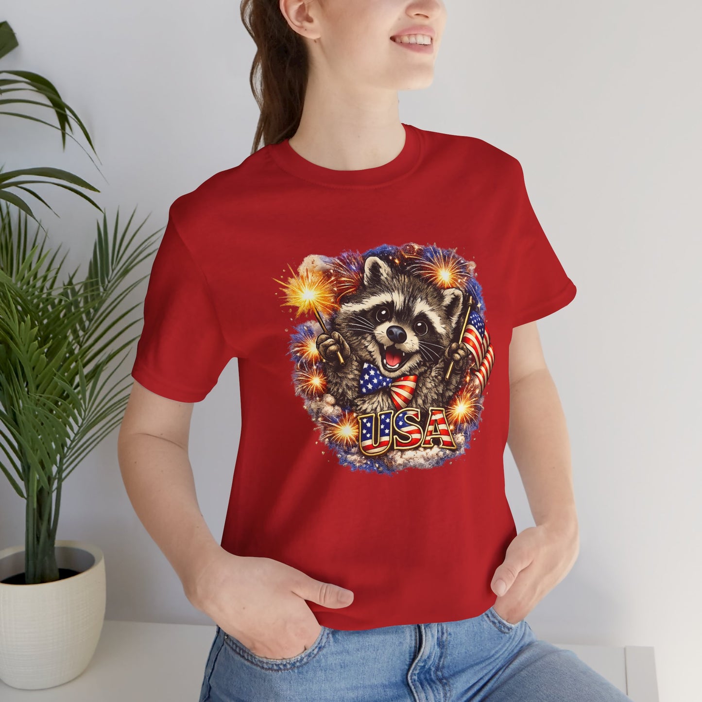 Patriot Raccoon 250th Anniversary T-Shirt — 4th of July Fireworks Flag Tee