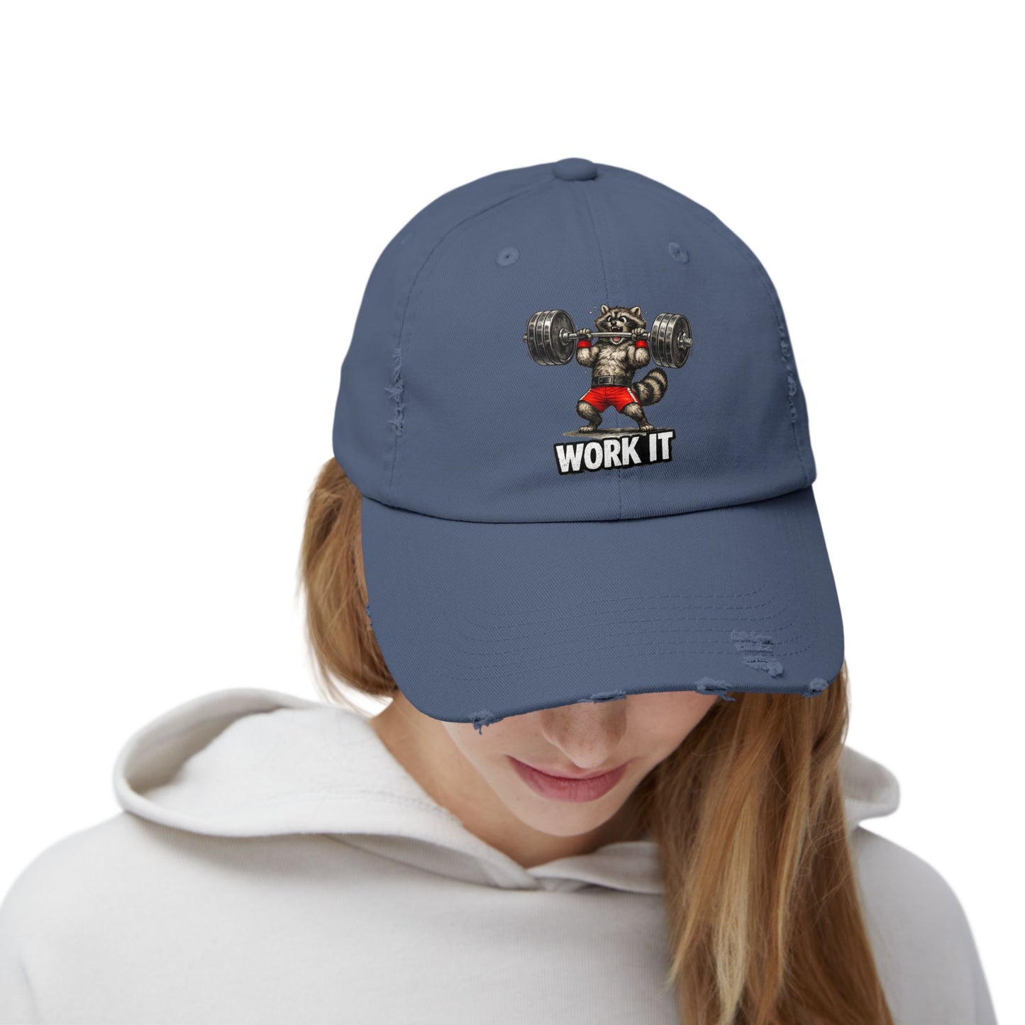 Work It Distressed Cap — Raccoon Mom/Dad Funny Dad Hat
