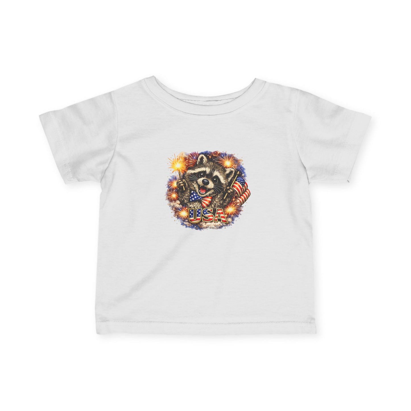 Infant Tee — Adorable Raccoon Holding American Flag "250" — 4th of July Baby Shirt