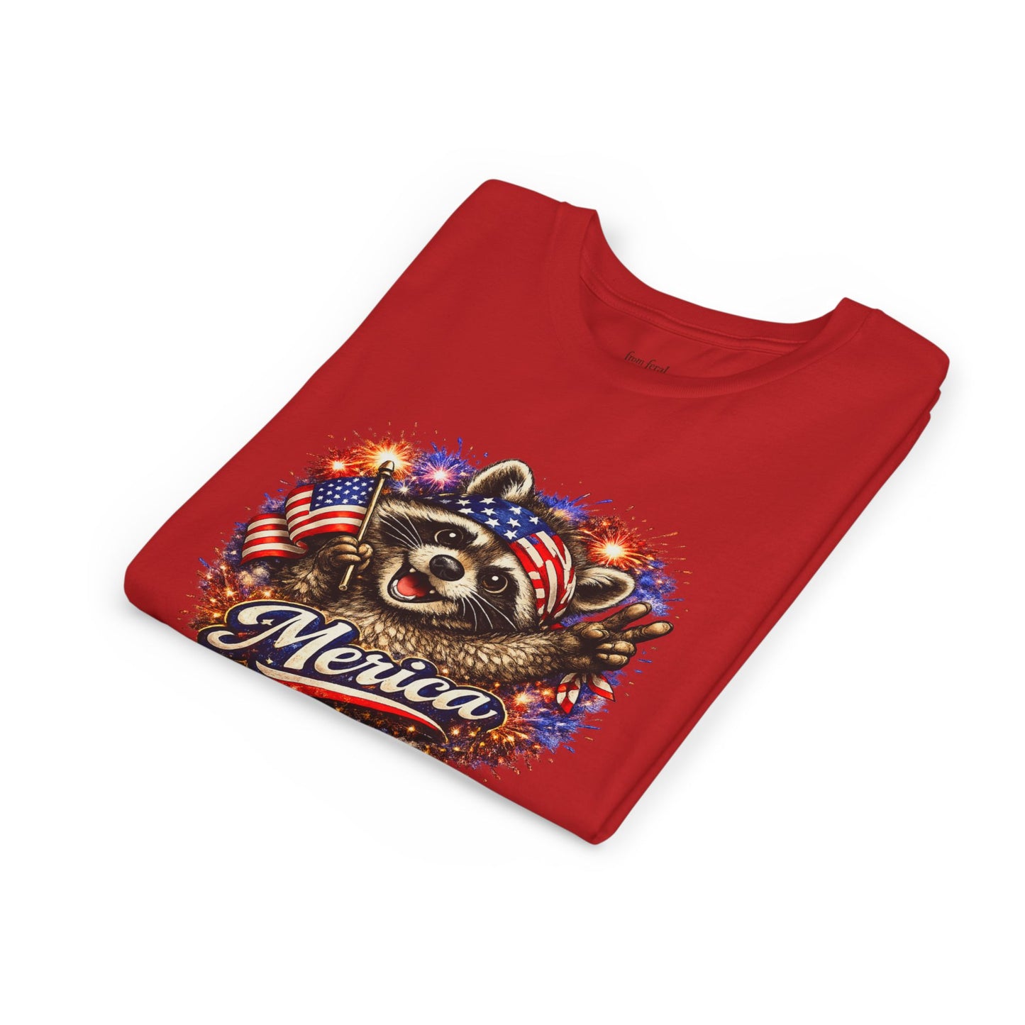 Patriotic Raccoon Youth Tee — Raccoon with American Flag & Fireworks