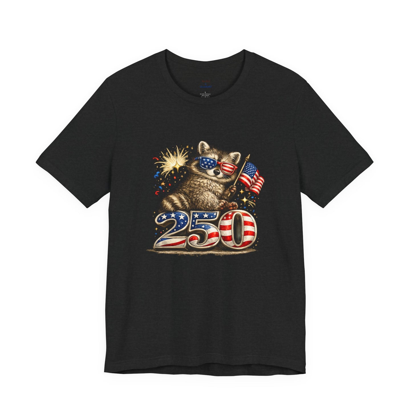 Patriot Raccoon 250th Anniversary T-Shirt — 4th of July Fireworks Flag Tee