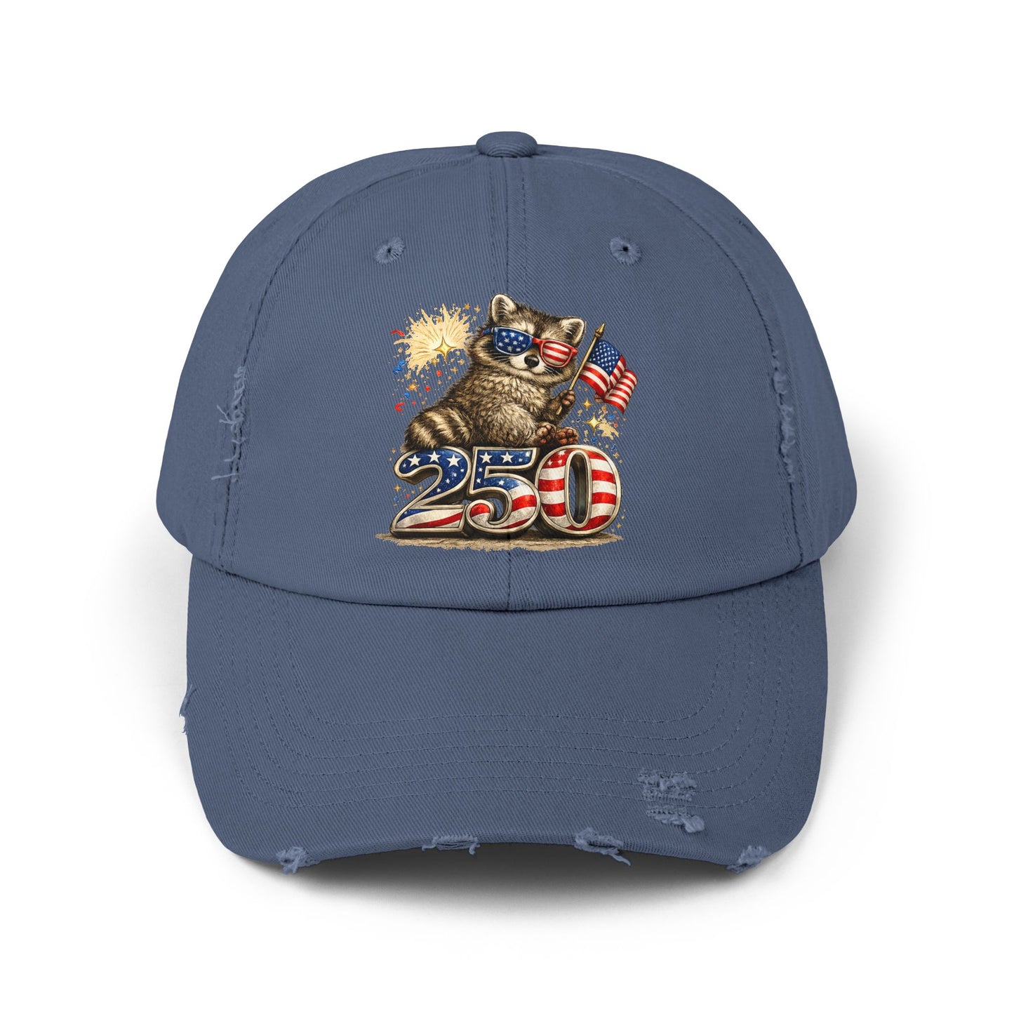 Patriotic Raccoon 250 Cap — Fireworks & Flag Distressed Baseball Hat