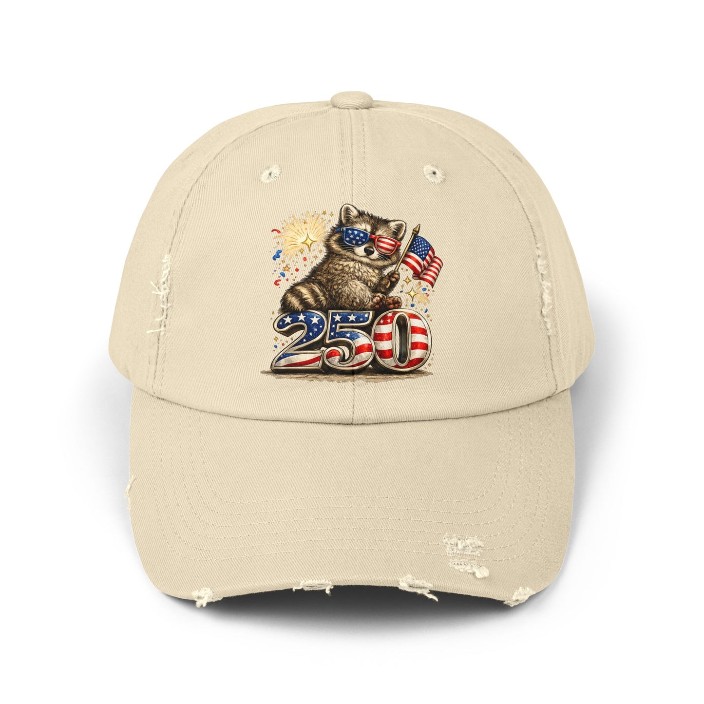 Patriotic Raccoon 250 Cap — Fireworks & Flag Distressed Baseball Hat