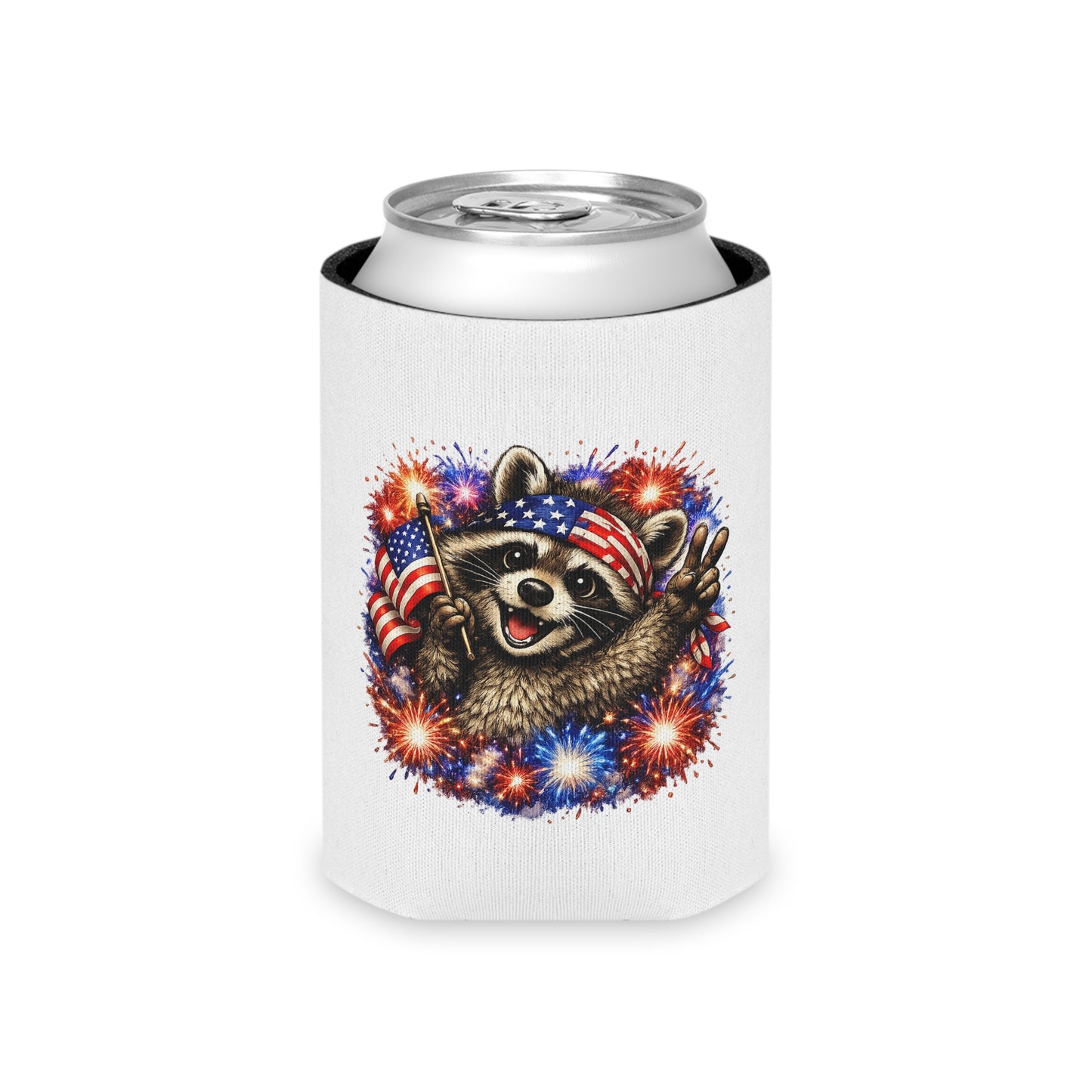 Patriotic Raccoon 250 Can Cooler – USA Flag, 4th of July Drink Koozie