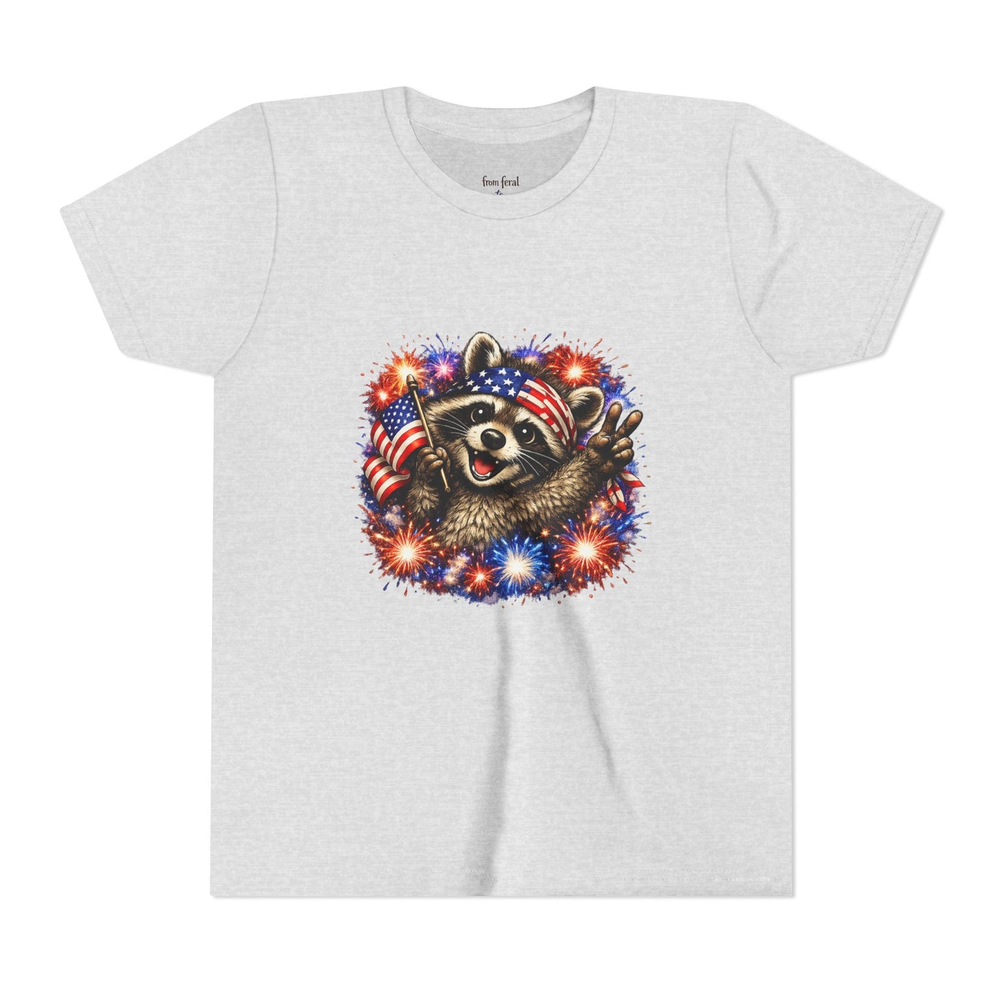 Patriotic Raccoon Youth Tee — Raccoon with American Flag & Fireworks