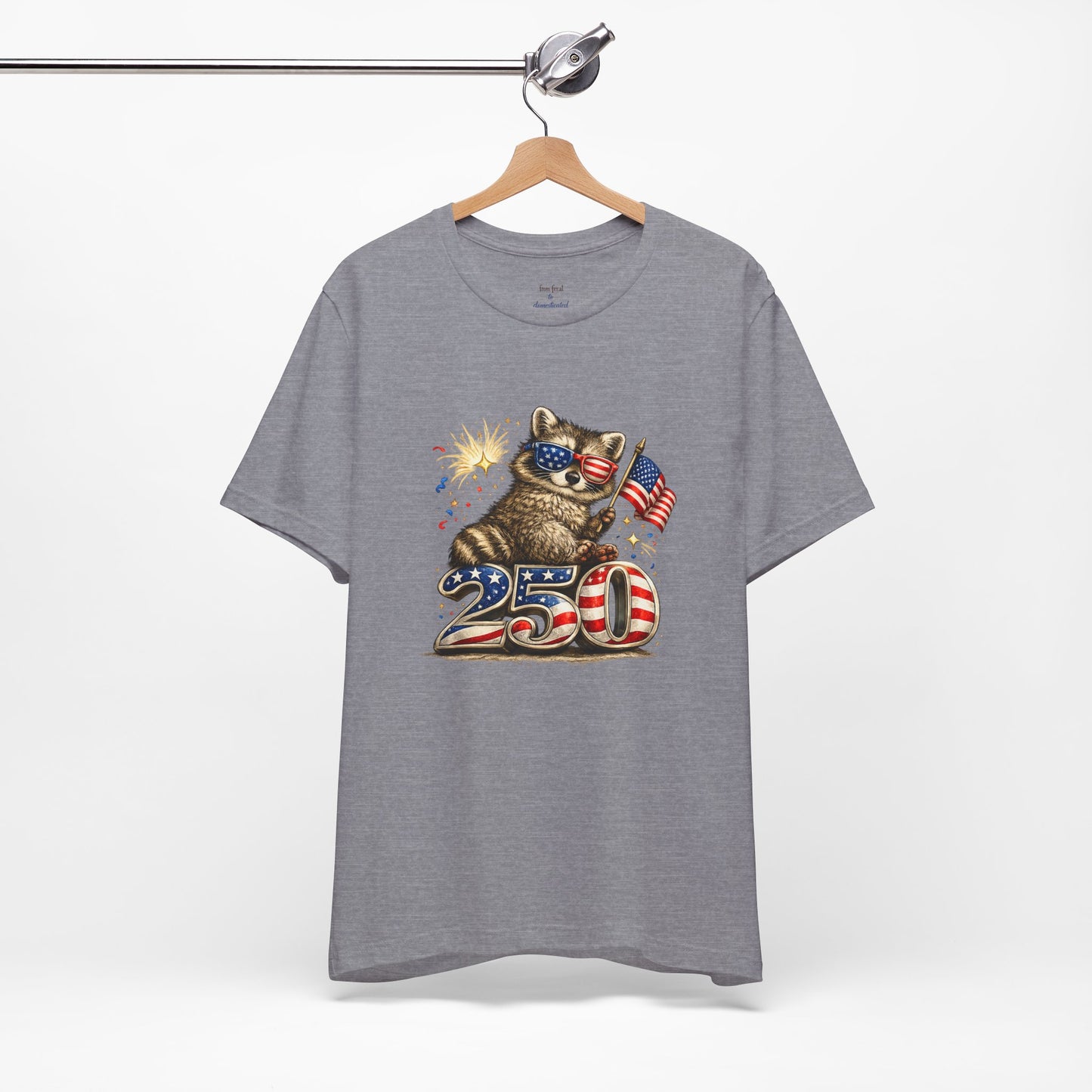 Patriot Raccoon 250th Anniversary T-Shirt — 4th of July Fireworks Flag Tee
