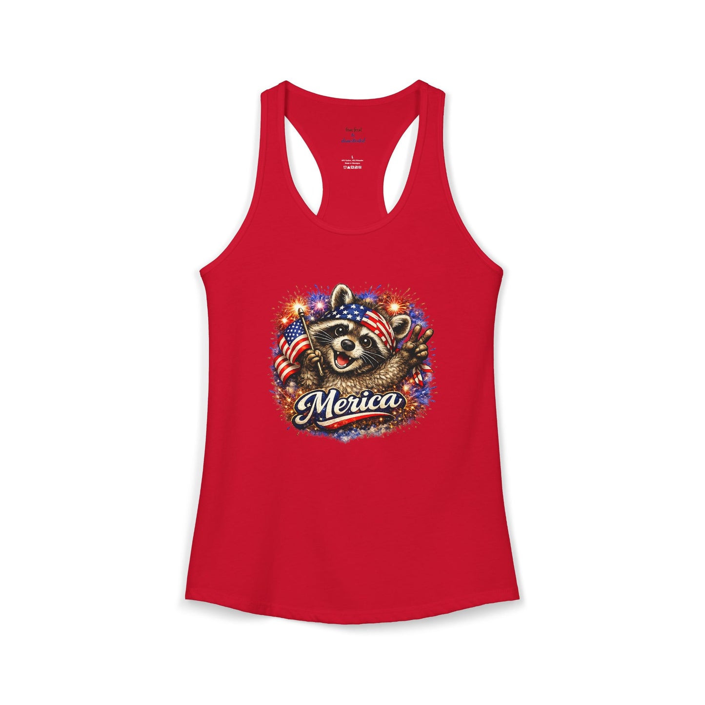 Patriotic Raccoon 4th of July Tank — Raccoon on 250 with Flag & Fireworks Racerback Tank