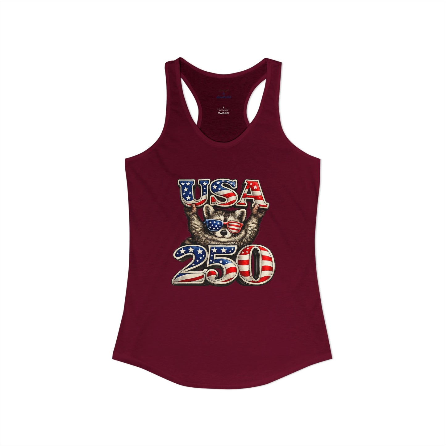 Patriotic Raccoon 4th of July Tank — Raccoon on 250 with Flag & Fireworks Racerback Tank