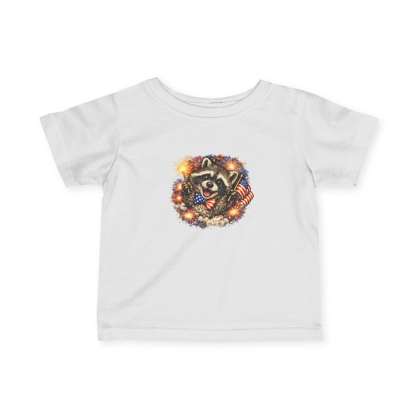 Infant Tee — Adorable Raccoon Holding American Flag "250" — 4th of July Baby Shirt