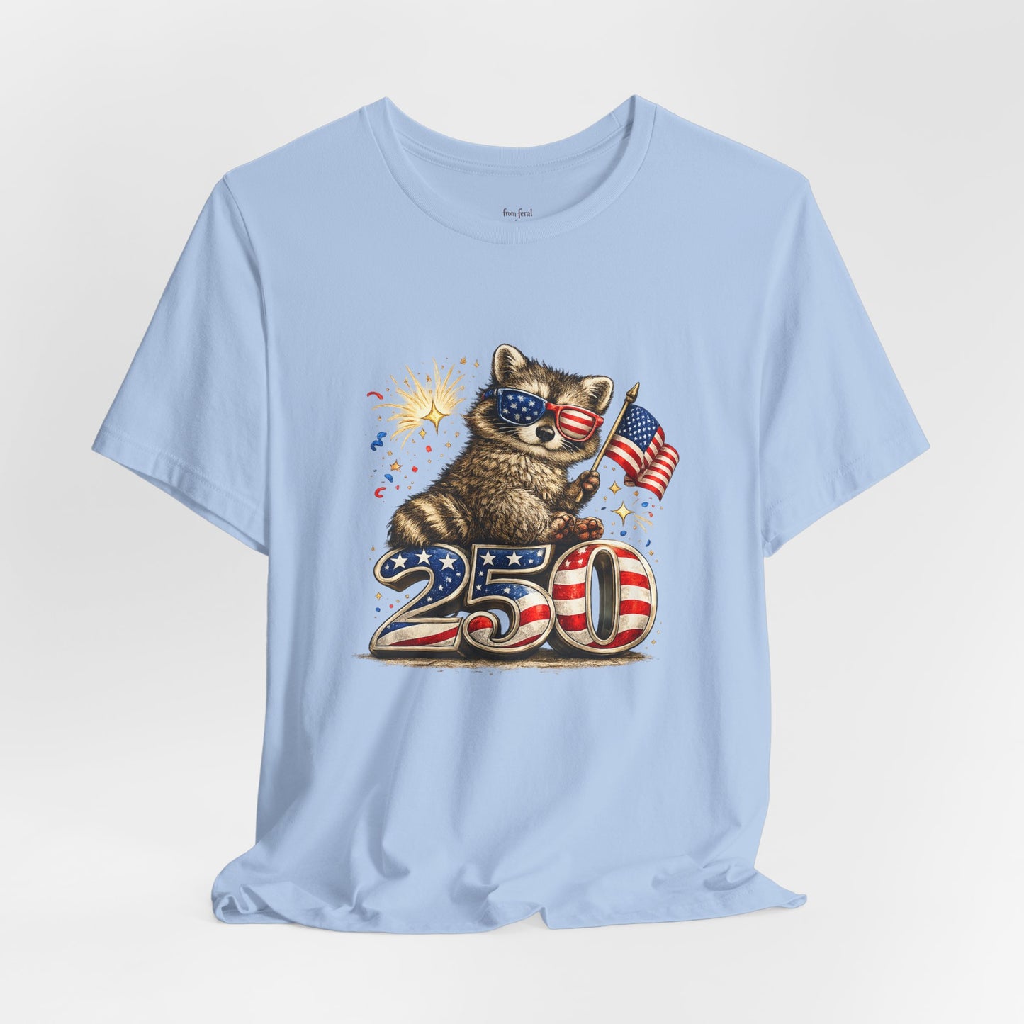 Patriot Raccoon 250th Anniversary T-Shirt — 4th of July Fireworks Flag Tee