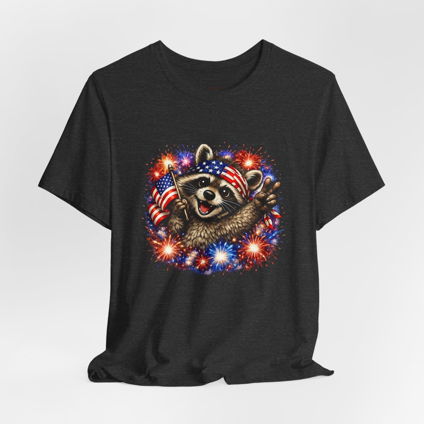 Patriot Raccoon 250th Anniversary T-Shirt — 4th of July Fireworks Flag Tee