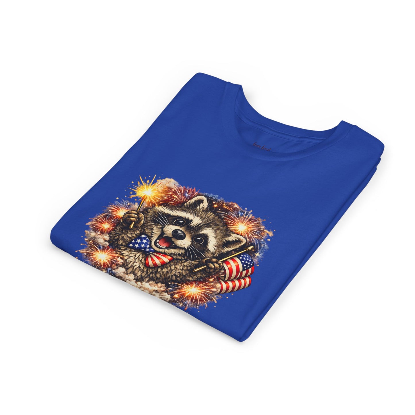 Patriotic Raccoon Youth Tee — Raccoon with American Flag & Fireworks