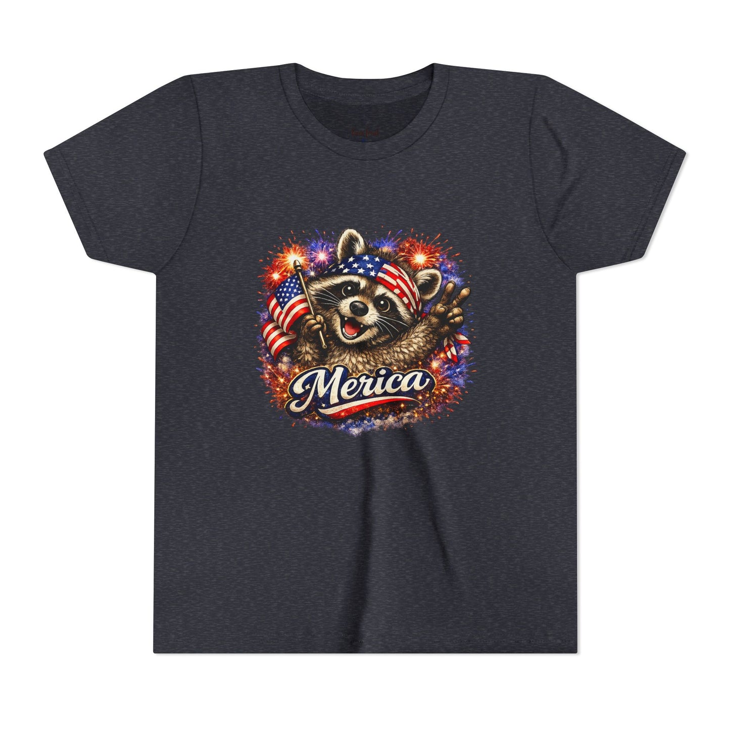 Patriotic Raccoon Youth Tee — Raccoon with American Flag & Fireworks
