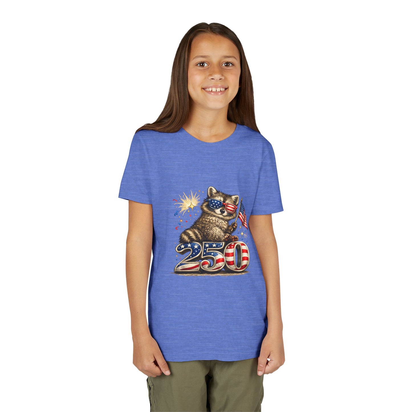 Patriotic Raccoon Youth Tee — Raccoon with American Flag & Fireworks