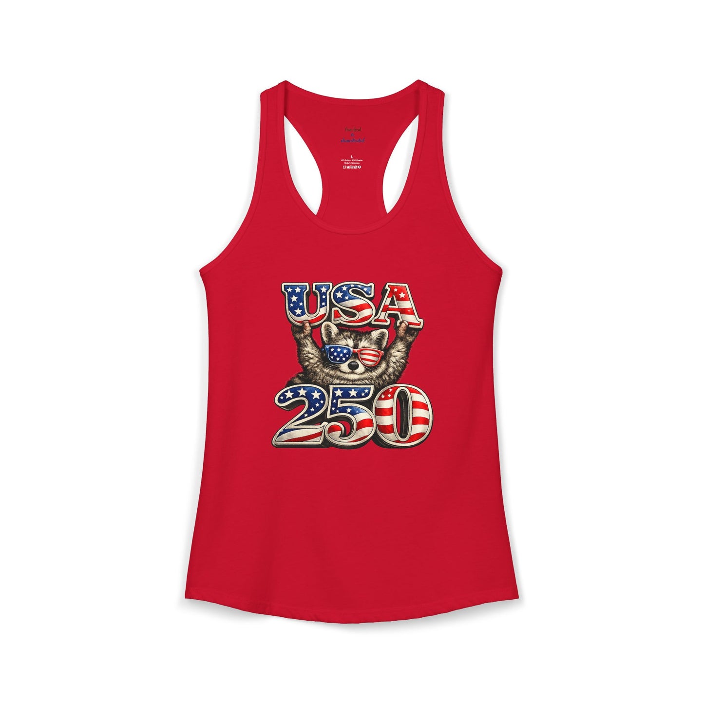 Patriotic Raccoon 4th of July Tank — Raccoon on 250 with Flag & Fireworks Racerback Tank
