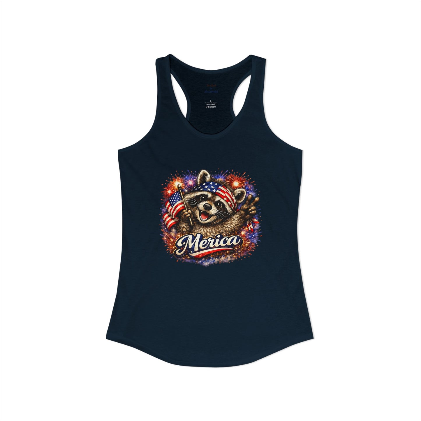 Patriotic Raccoon 4th of July Tank — Raccoon on 250 with Flag & Fireworks Racerback Tank