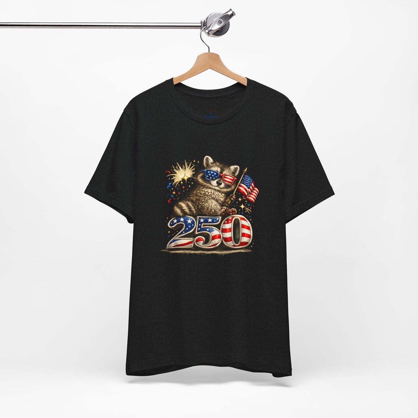 Patriot Raccoon 250th Anniversary T-Shirt — 4th of July Fireworks Flag Tee