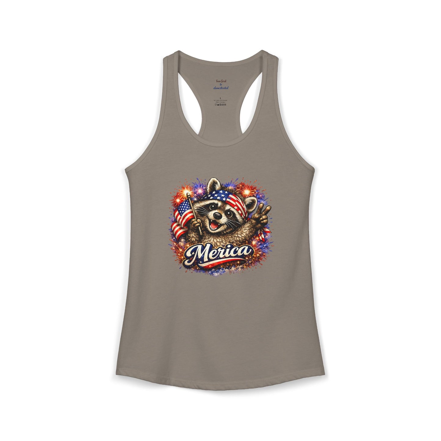 Patriotic Raccoon 4th of July Tank — Raccoon on 250 with Flag & Fireworks Racerback Tank