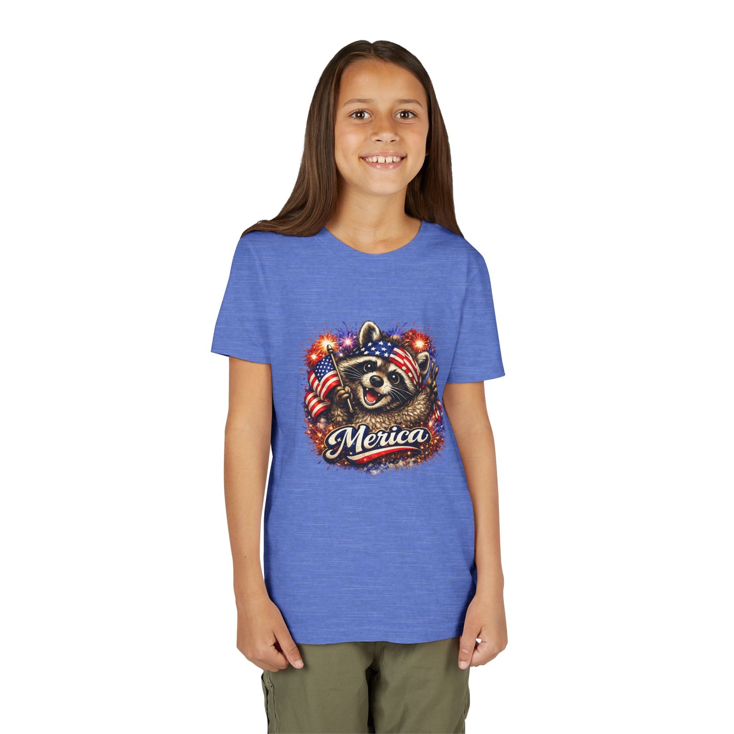 Patriotic Raccoon Youth Tee — Raccoon with American Flag & Fireworks