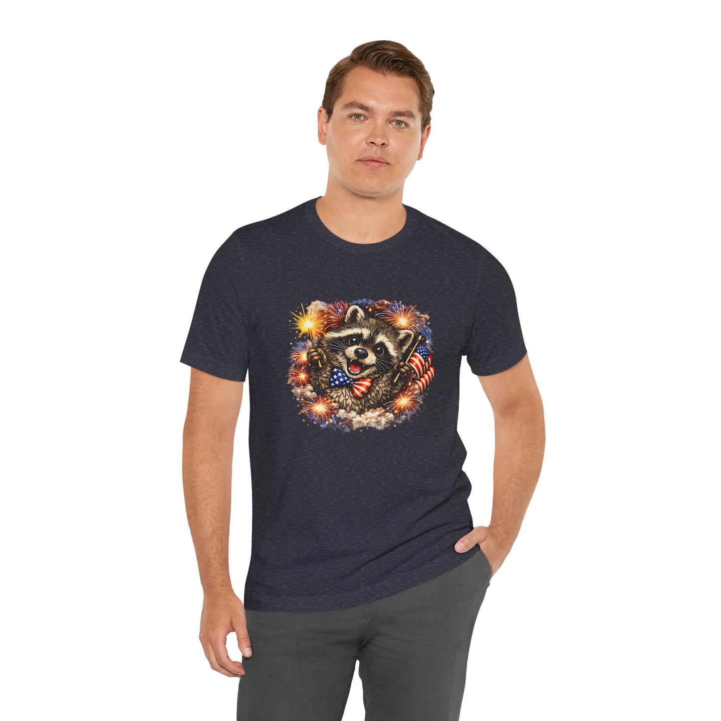 Patriot Raccoon 250th Anniversary T-Shirt — 4th of July Fireworks Flag Tee