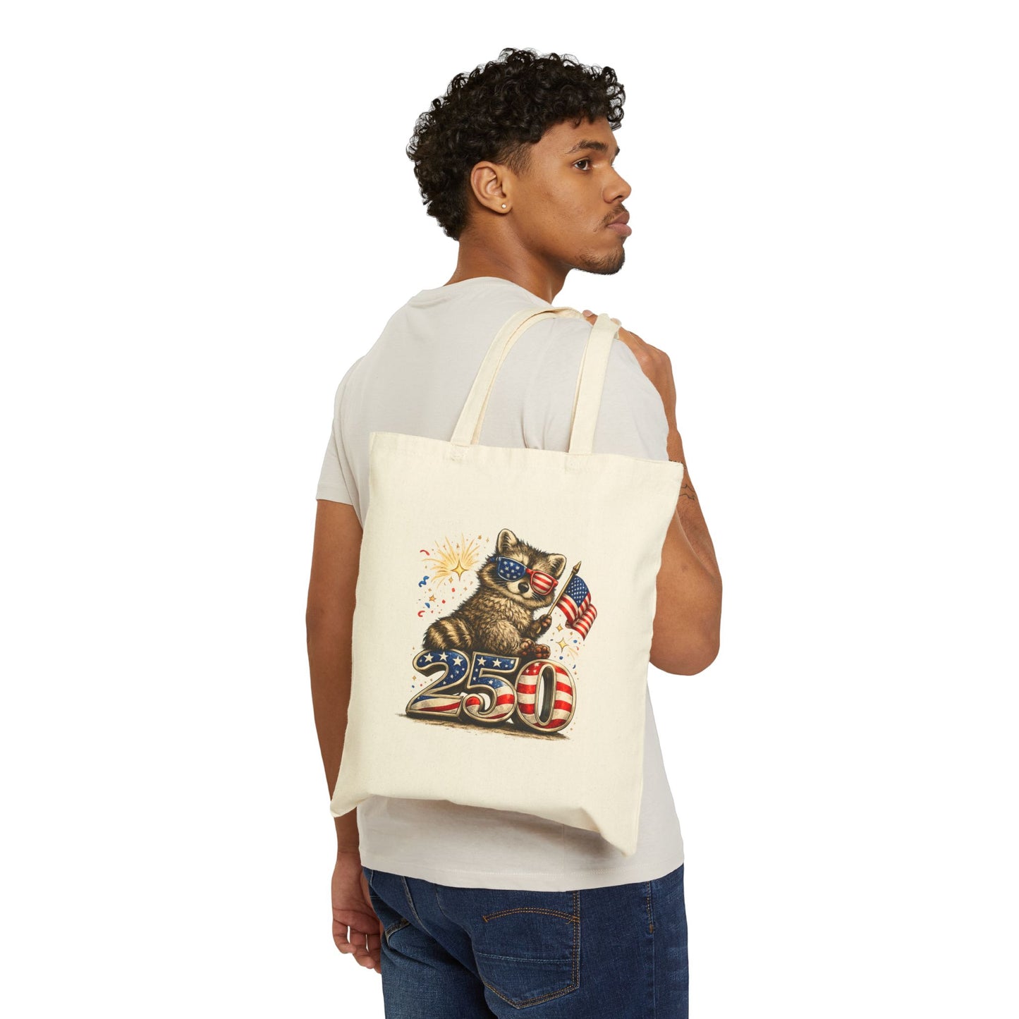 Patriotic Raccoon Fireworks Tote Bag — '250' Canvas Tote for Fourth of July
