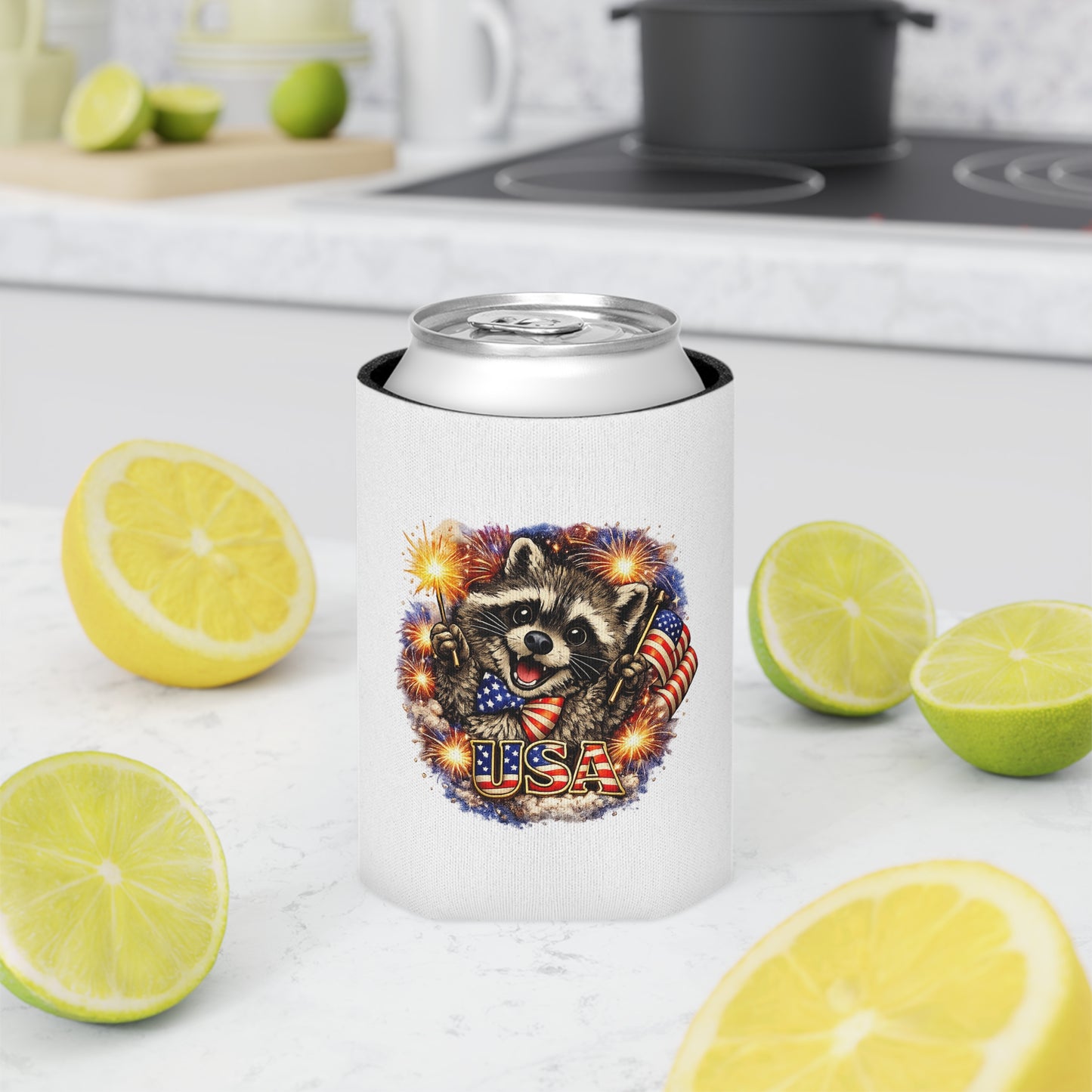 Patriotic Raccoon 250 Can Cooler – USA Flag, 4th of July Drink Koozie