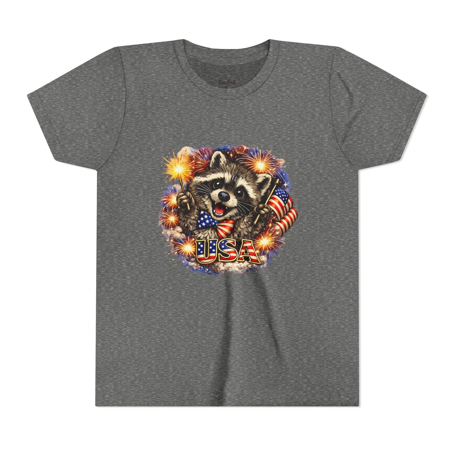 Patriotic Raccoon Youth Tee — Raccoon with American Flag & Fireworks