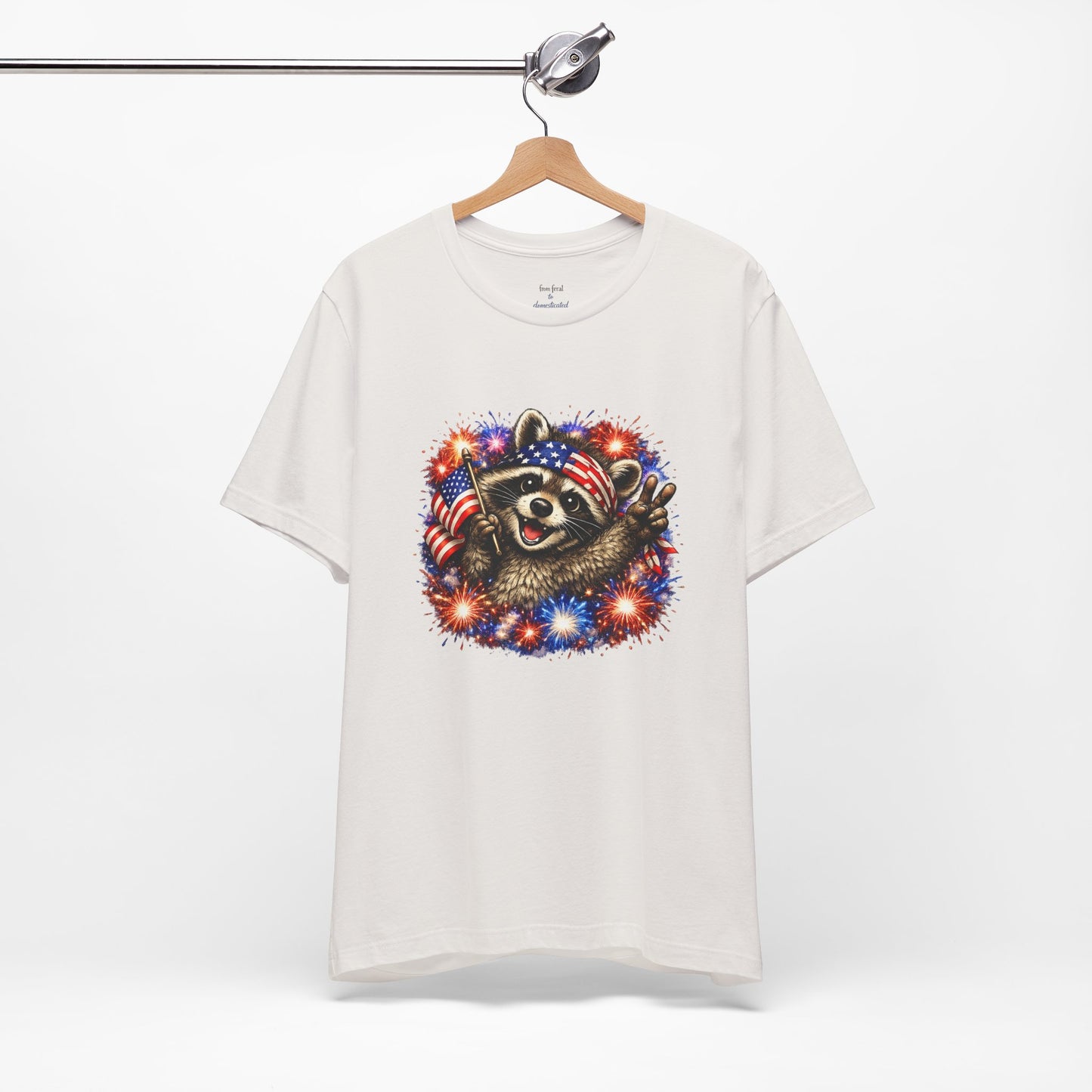 Patriot Raccoon 250th Anniversary T-Shirt — 4th of July Fireworks Flag Tee