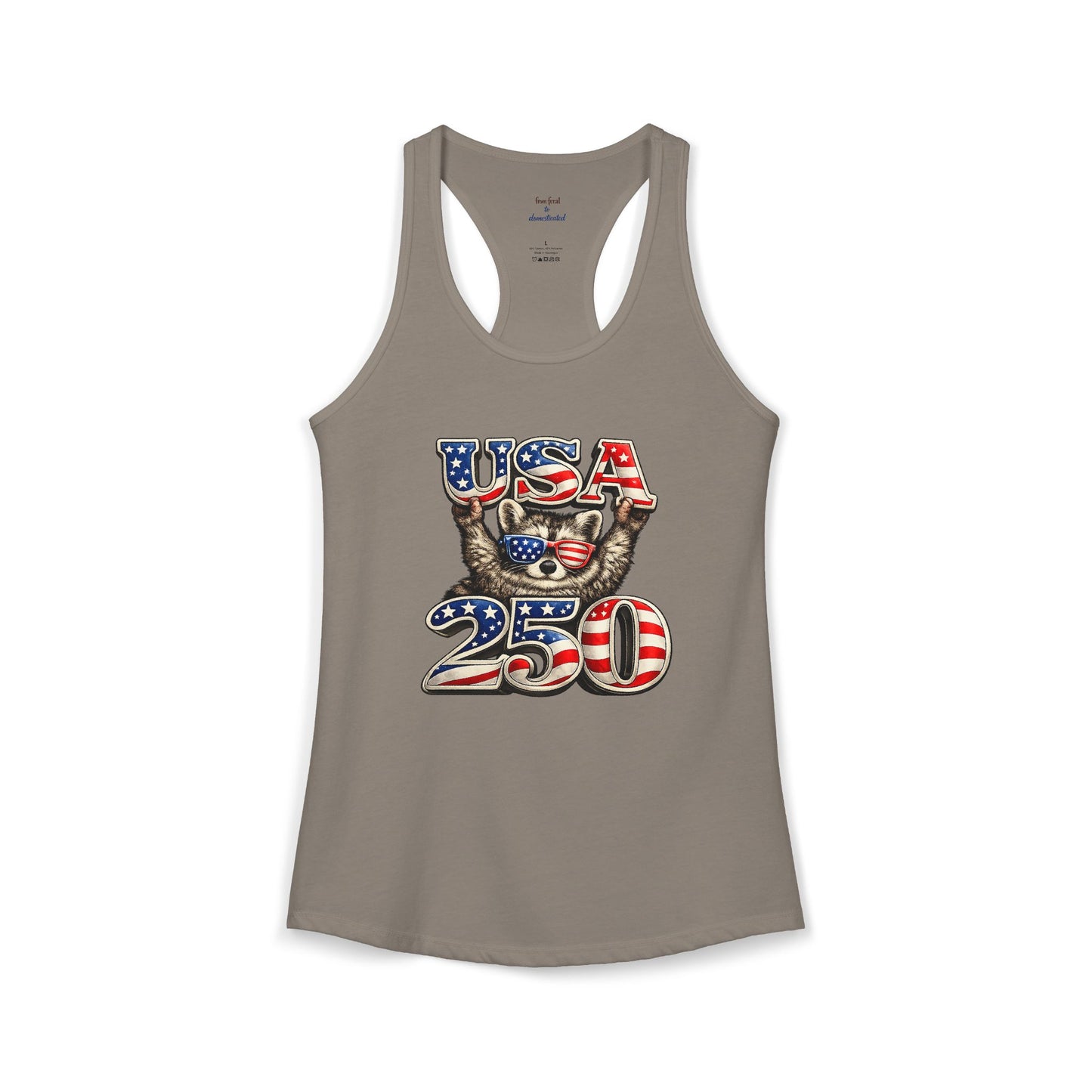 Patriotic Raccoon 4th of July Tank — Raccoon on 250 with Flag & Fireworks Racerback Tank