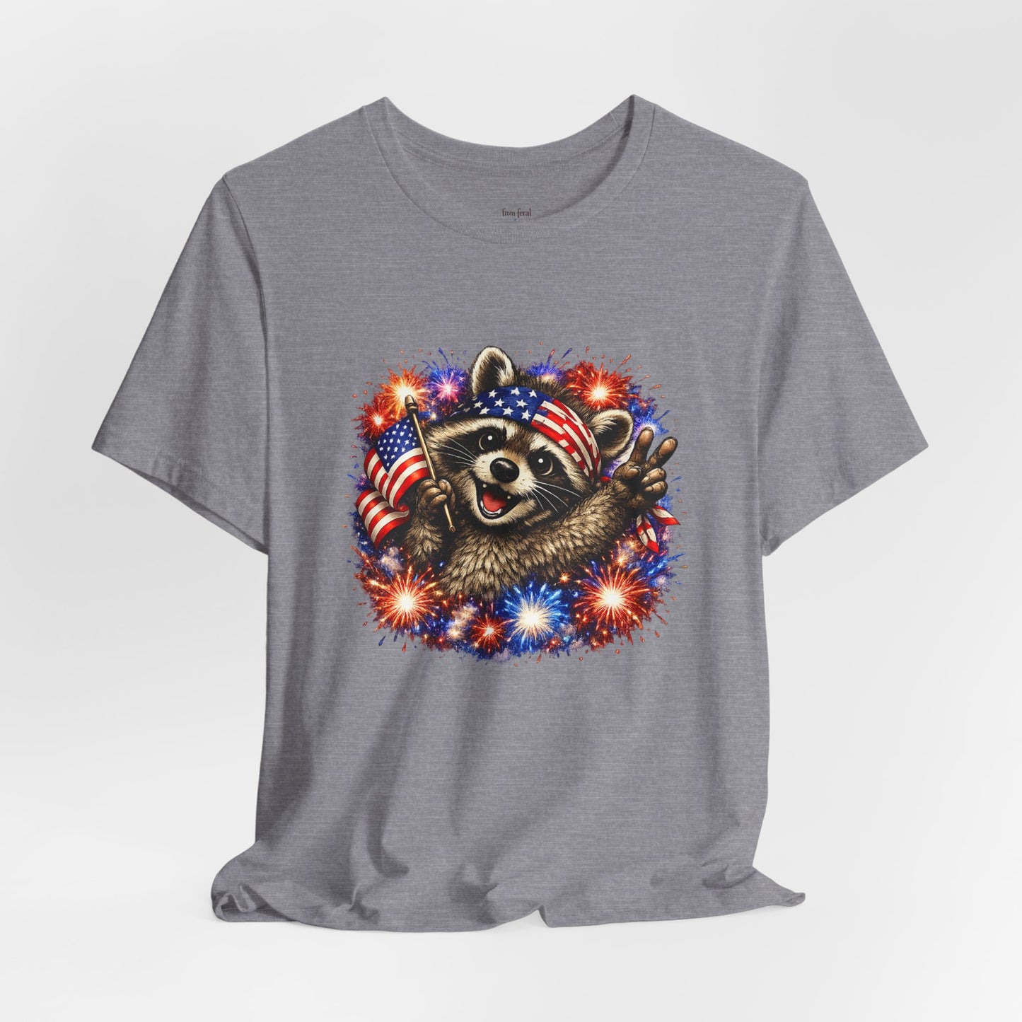 Patriot Raccoon 250th Anniversary T-Shirt — 4th of July Fireworks Flag Tee