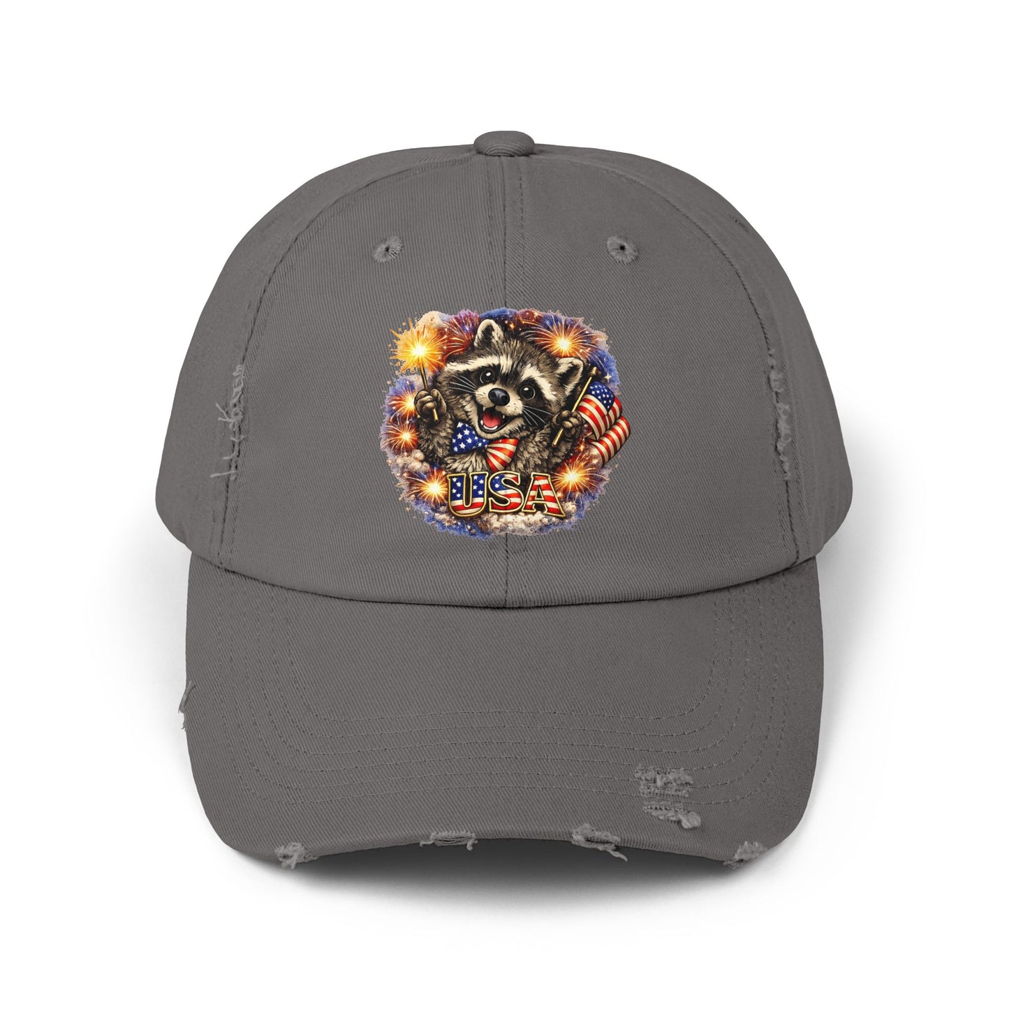 Patriotic Raccoon 250 Cap — Fireworks & Flag Distressed Baseball Hat