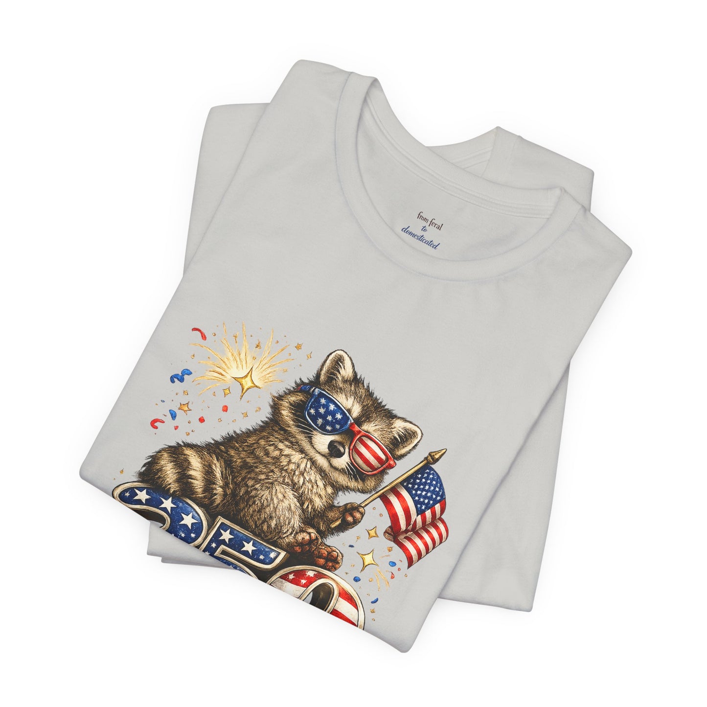 Patriot Raccoon 250th Anniversary T-Shirt — 4th of July Fireworks Flag Tee