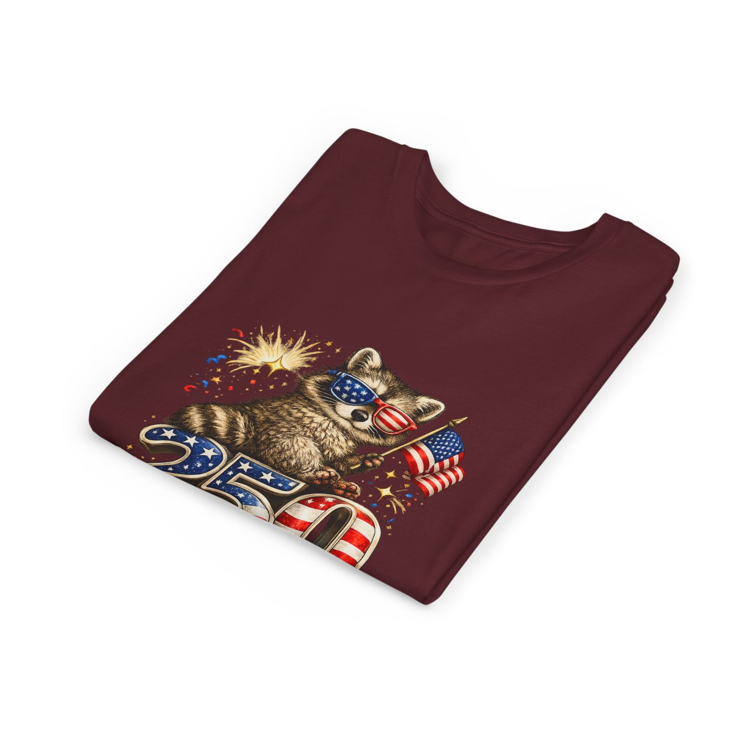 Patriotic Raccoon Youth Tee — Raccoon with American Flag & Fireworks